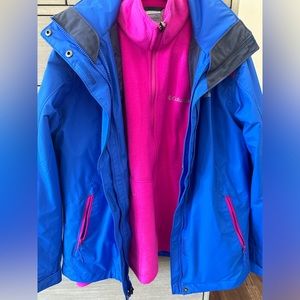 COLUMBIA SKI SET BLUE/PINK COMBO JACKET WITH INSERT REMOVABLE FLEECE  AND PANTS